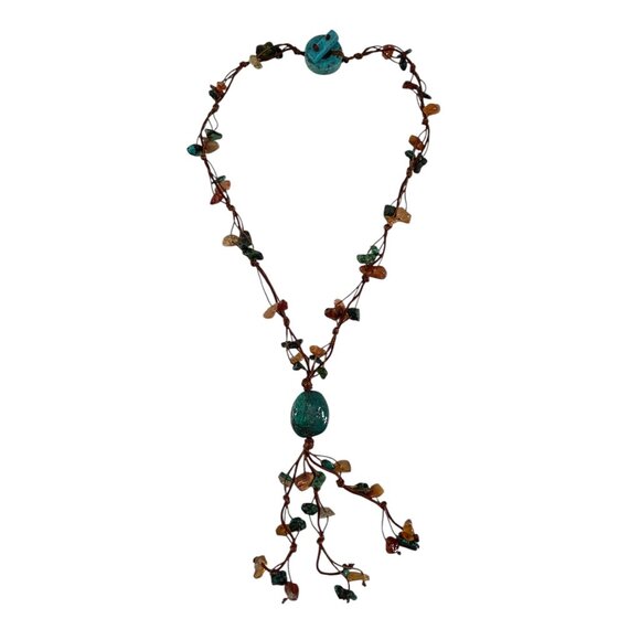 Boho Multistrand Stone Chip Necklace Brown Cord Turquoise Donut Toggle Y Tassel - Picture 2 of 11